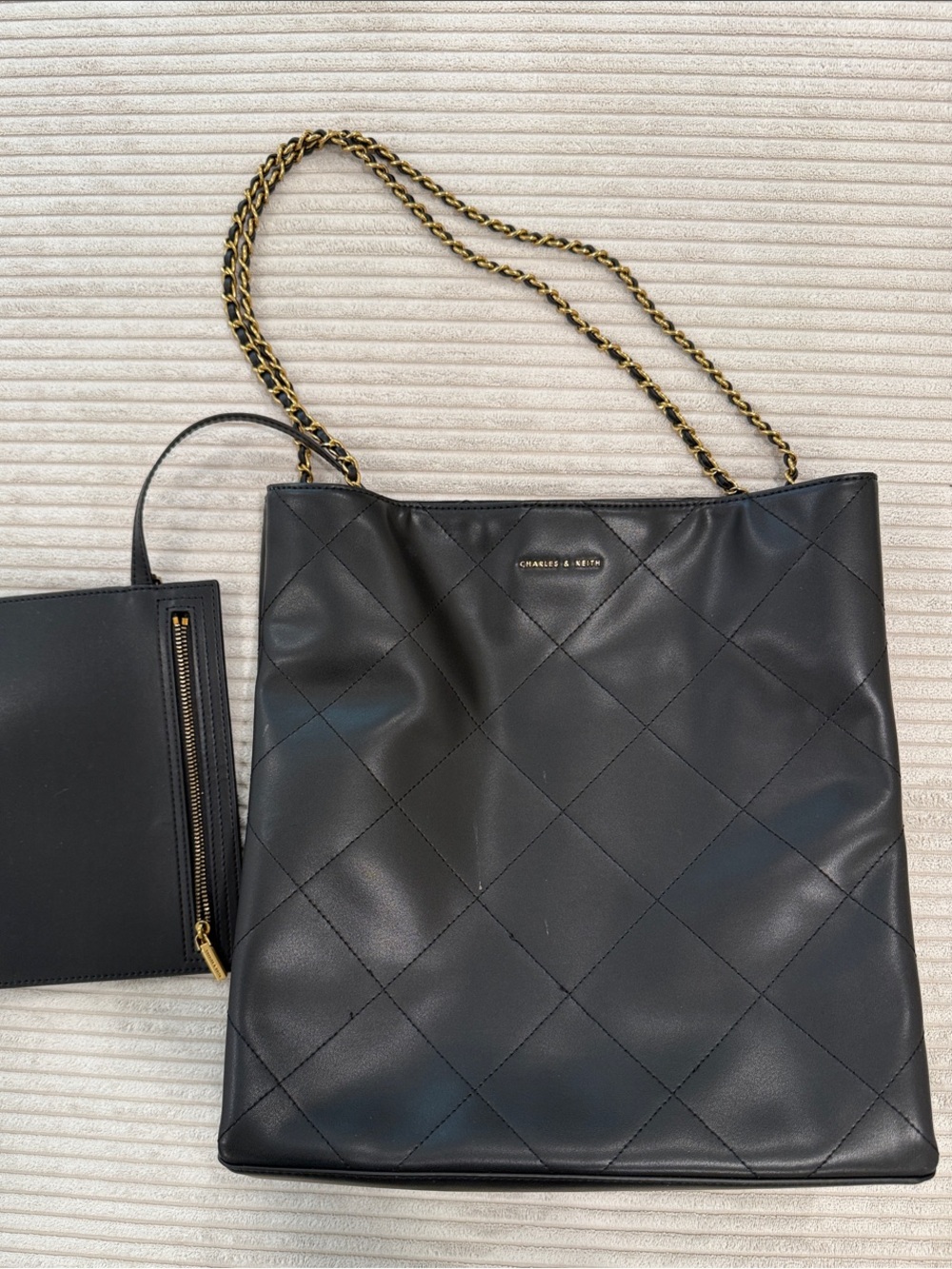 Charles & Keith Apfra Quilted Chain Tote Bag Black
